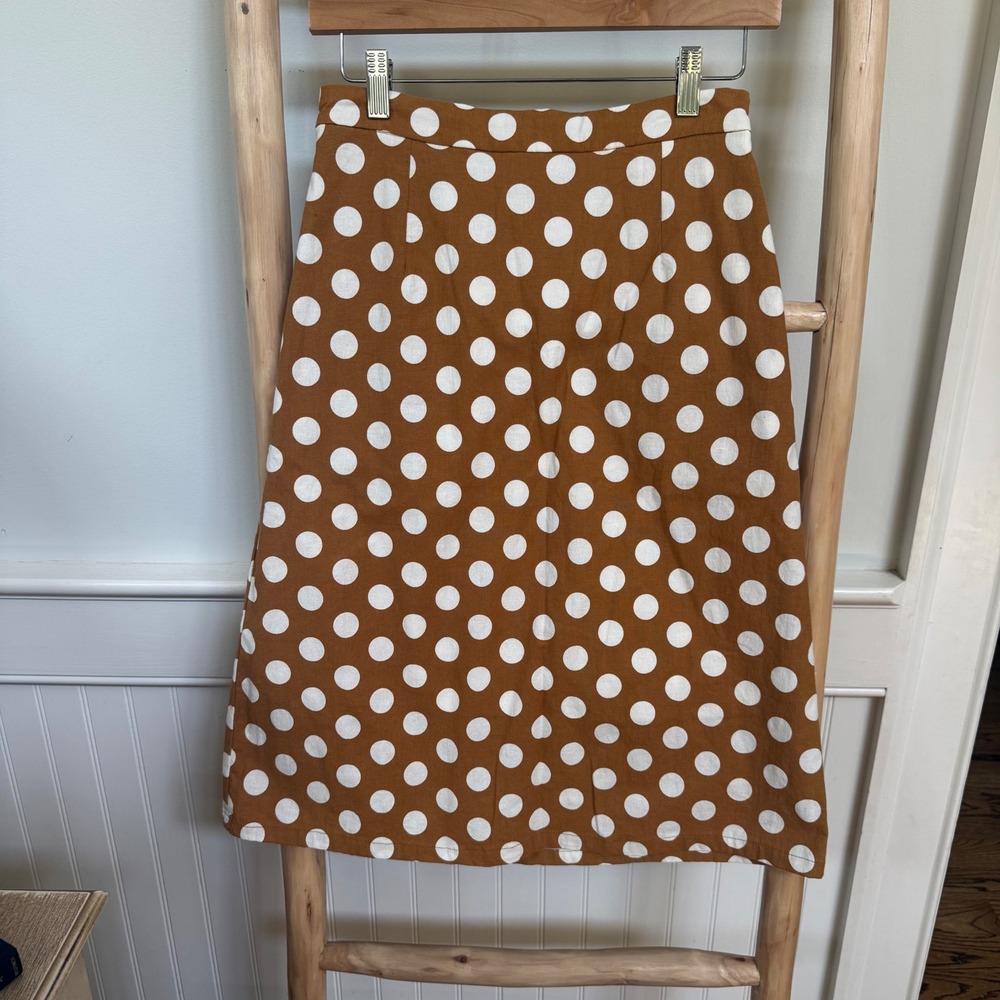 Womens Polka Dot Midi Skirt Mustard Brown White Elastic Back Size S
